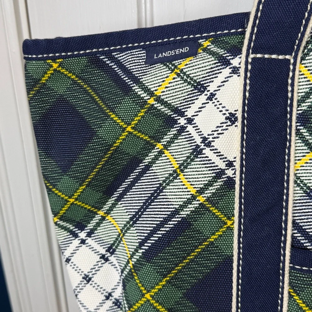 Lands End Plaid Blue Green White Large Size Bucket Tote Beach Travel Car Bag